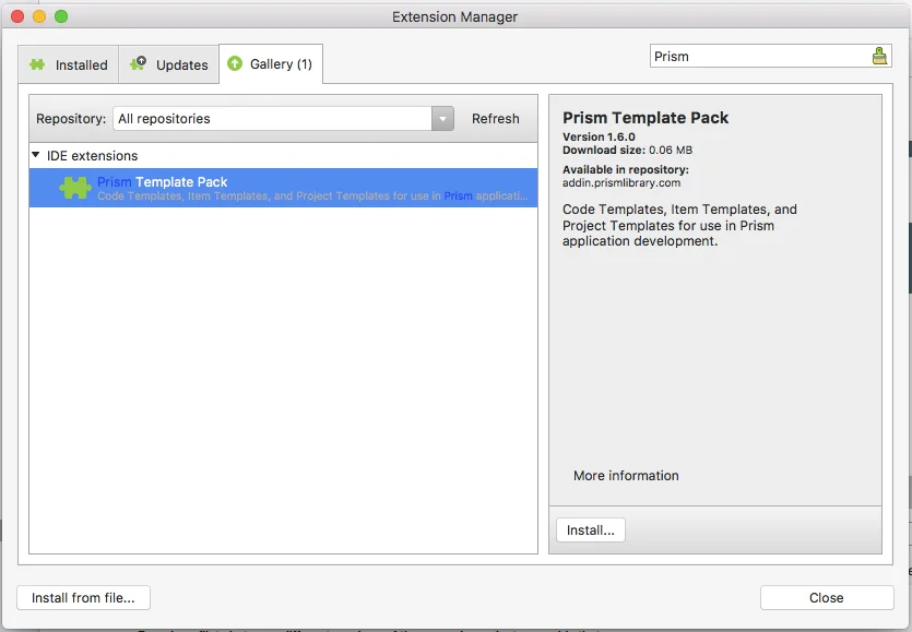 Prism Template Pack in Visual Studio for Mac