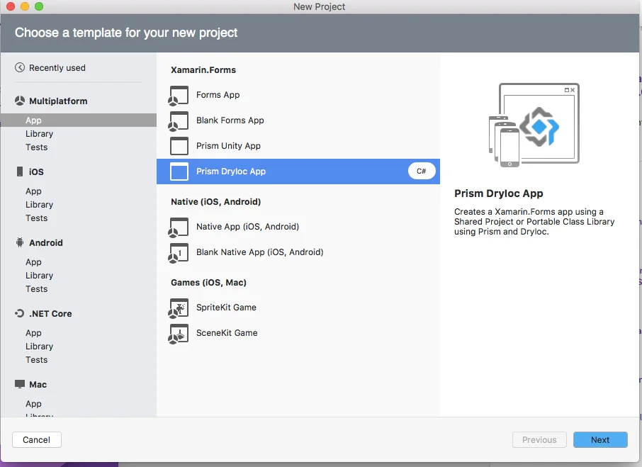 Prism Template Pack in Visual Studio for Mac